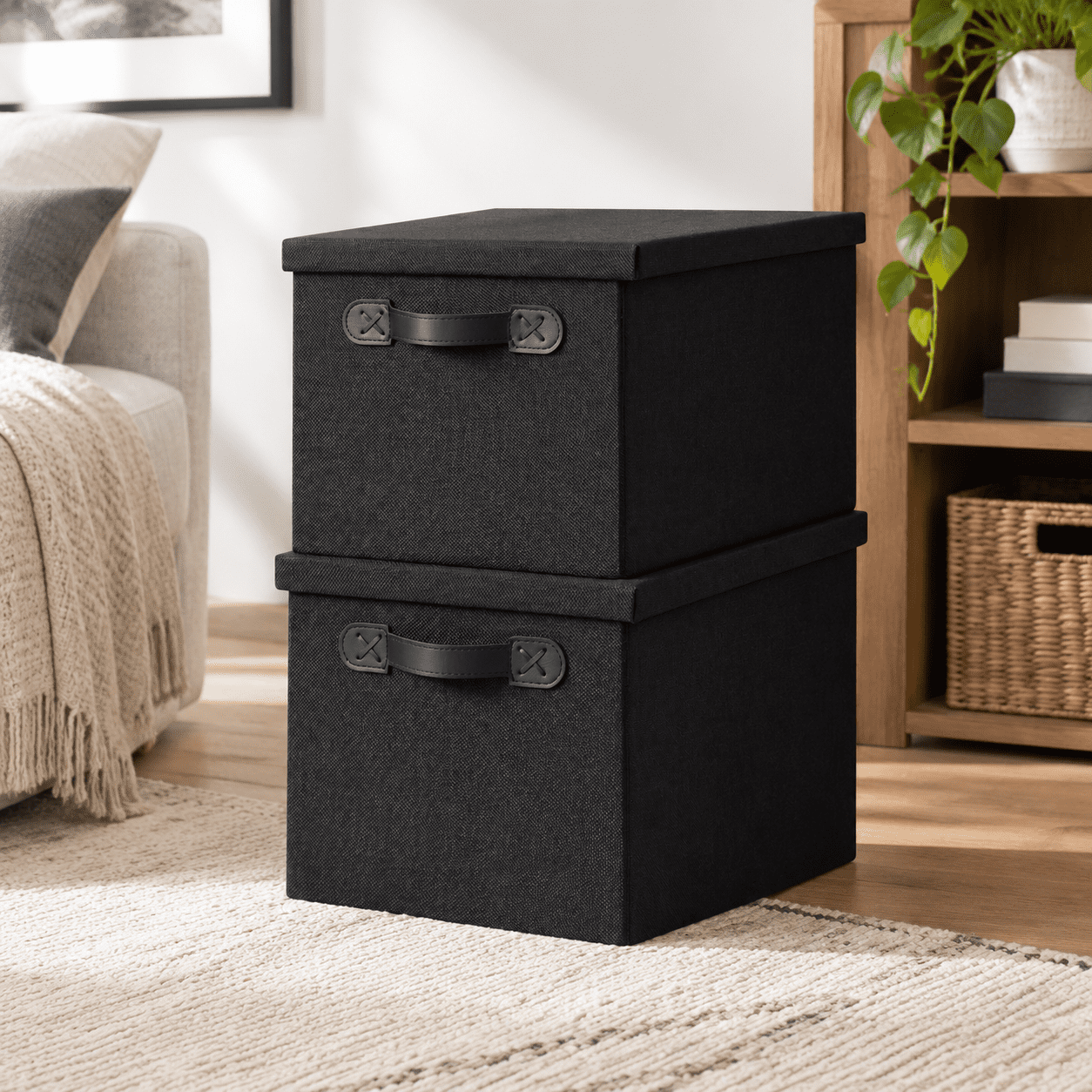 Stackable Storage B Black 2 Pack Fabric Collapsible Stackable Storage Baskets with Lids ...
