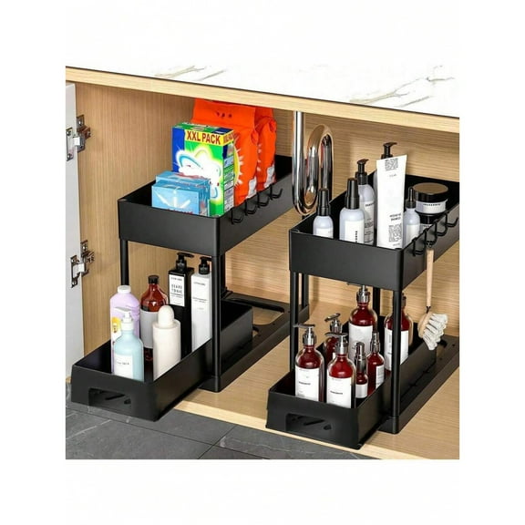Black 2 Pack Under Sink Organizer, 2-Tier Sliding Cabinet Basket and Storage Bathroom Kitchen Cabinet Organizer with Hooks The Bottom Drawers Can Be Slid Out