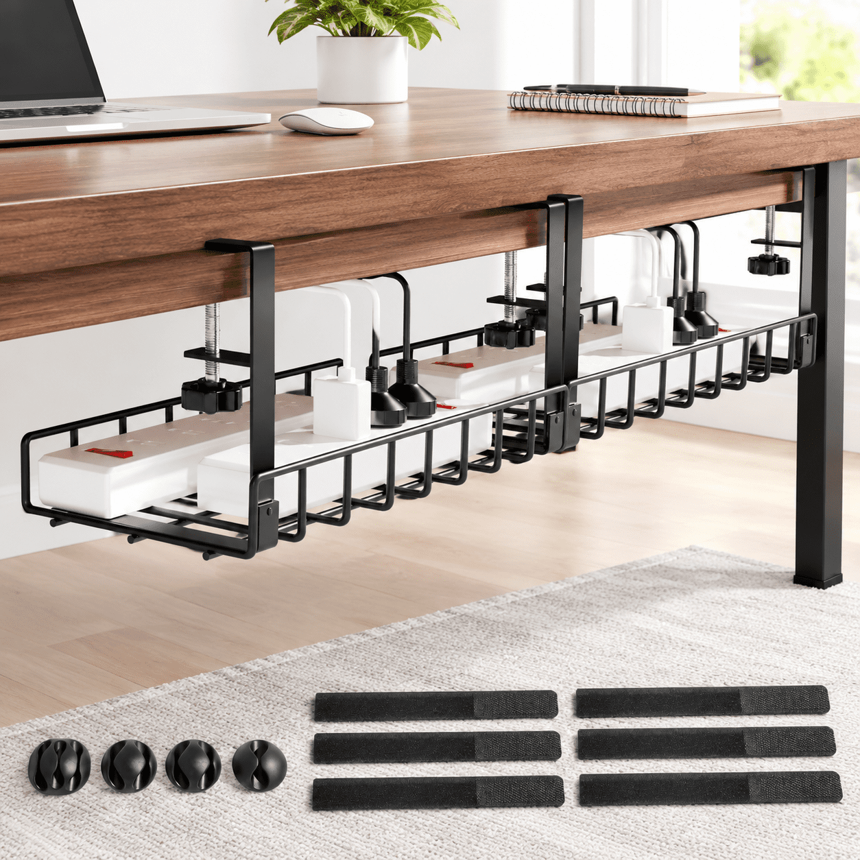 Black 2 Pack Under Desk Cable Management Tray No Screws With Clamp For ...