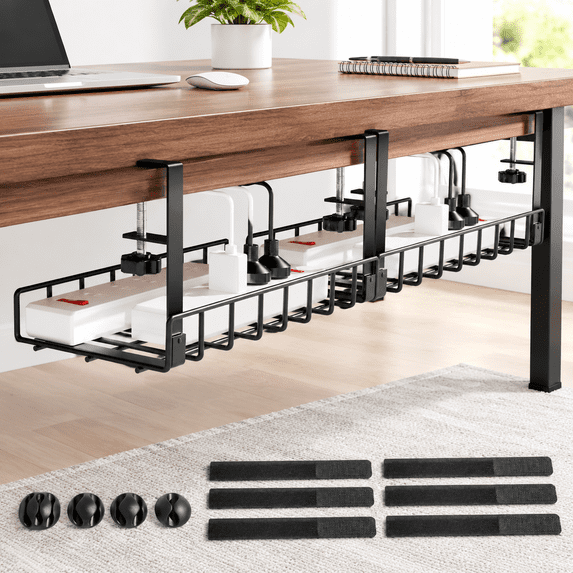 Black 2 Pack Under Desk Cable Management Tray No Screws With Clamp For ...