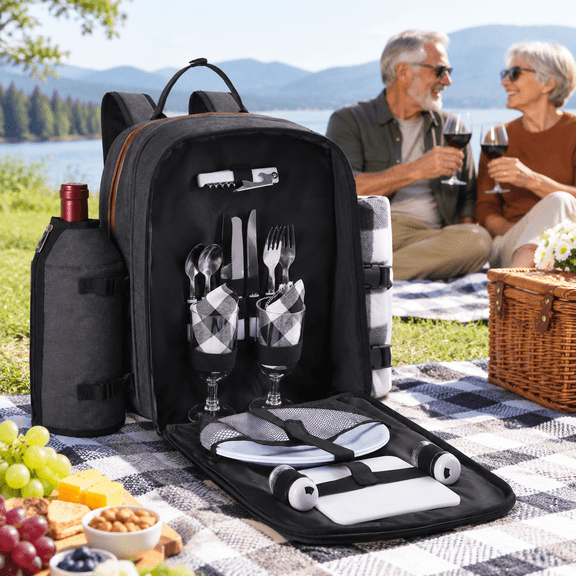Black 2 Person Insulated Picnic Backpack with Blanket and Accessories