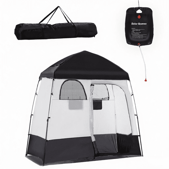 Black 2 Person Shower Tent with Two Rooms, Shower Bag, Floor & Carrying Bag, Portable Privacy Shelter Instant Changing Room