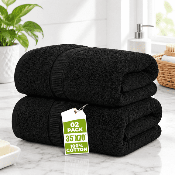 Black 2 Piece Bath Sheet 600 GSM 35x70 Inch Ring Spun Cotton Highly Absorbent Quick Dry Towel