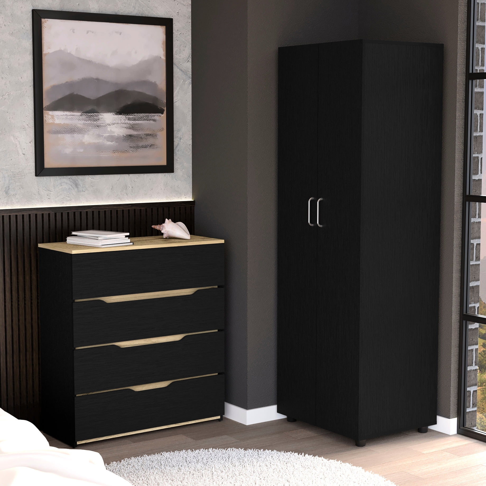 Black 2 Piece Bedroom - & Drawer Dresser. Assemble Easily With 