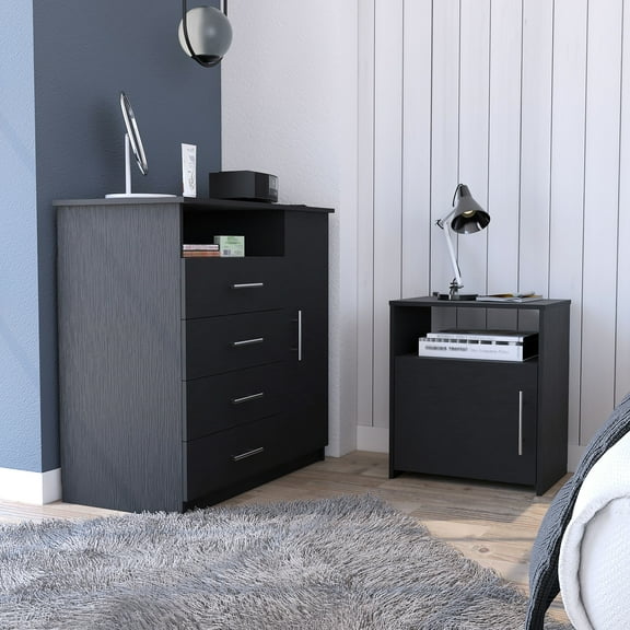 Black 2 Piece Bedroom Furniture Setup - 4 Drawer Dresser & Nightstand Easy-to-understand Interlocking Precisely Drilled Holes Clear Assembly Instructions Provided Suite Dressing Table + Easy