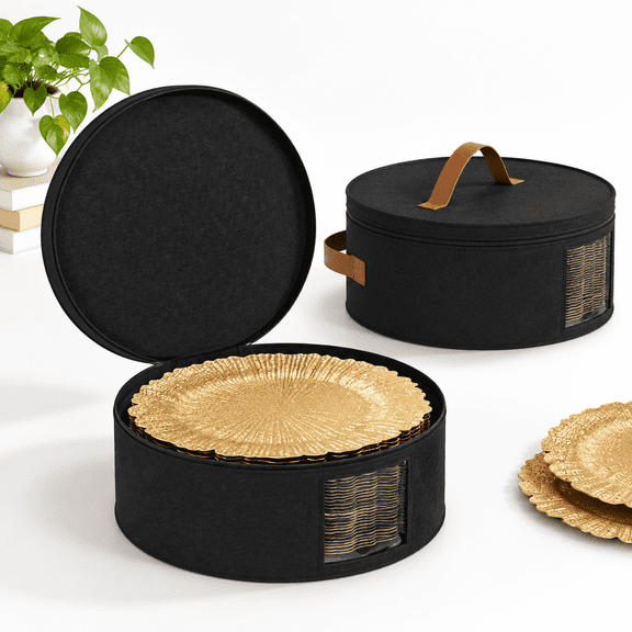 Black 2-Piece Hard Shell Felt Dinnerware Storage Chests with Dividers