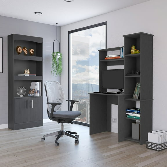 Black 2 Piece Office Furniture : Bookcase + Desk. Streamlined Assembly With Interlocking Design. Pre-drilled Holes For Accurate Setup. Clear Guidance. Particle Board. 24.85 In. W, 10.34 D, 70.45 H,