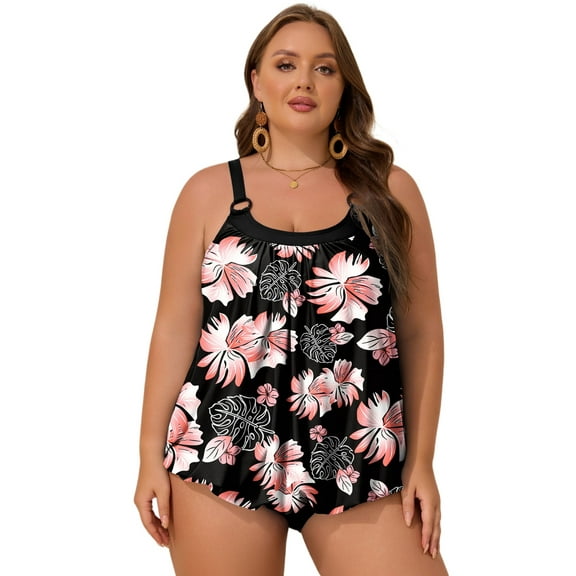 Black 2-Piece Plus Size Wide Strap Floral Tankini Set - Versatile Swimwear for Beach & Vacation - [ZhiHiMeRi] | (US 22W-24W)3X