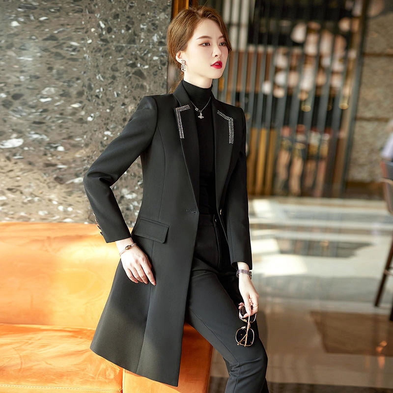 Trousers Lady Coat Suit Black Piece Set Single Button Blazer