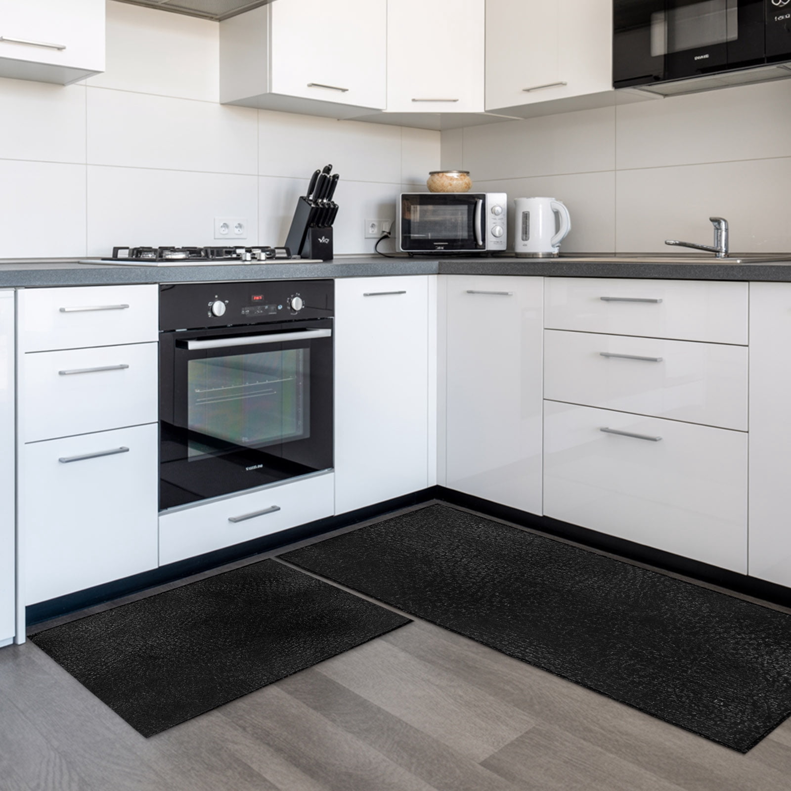 Black 2 Pieces Non-Slip Kitchen Mat Set, Modern Minimalist Classic ...