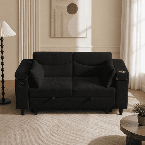 Black 2-Seat Chenille Convertible Sofa Bed with USB Port, Storage, Cup Holders and Side Table