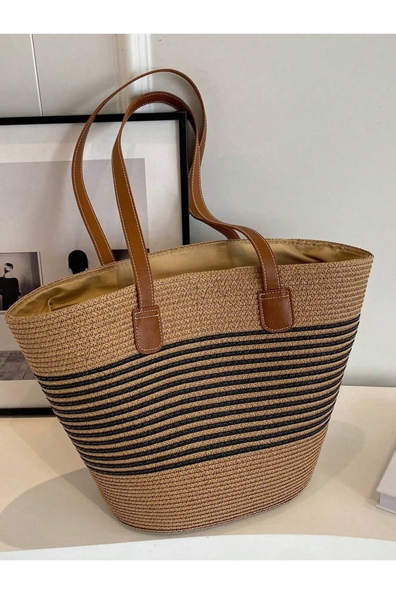 Black-2 Striped Raffia Tote Bag With Faux Leather Handles Large Capacity