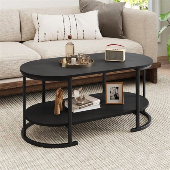 Black 2-Tier Coffee Table with Metal Frame, Robot Vacuum Friendly Elevated Bottom Design, Modern Engineered Wood Accent Storage Table for Living Room Office Reception