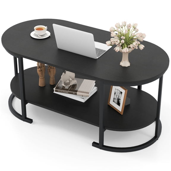 Black 2-Tier Coffee Table with Metal Frame, 1005045 cm, Robot Vacuum Friendly, Supports Up to 88 lbs for Living Room or Office