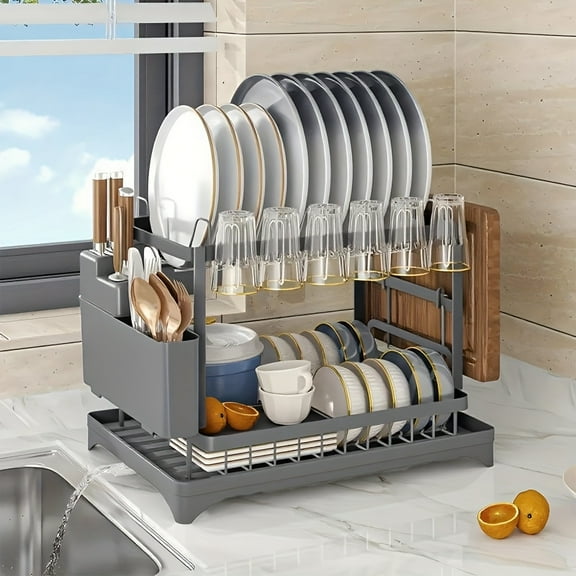 Black 2-Tier Heavy-Duty Metal Dish Drying Rack with Drainboard | Space-Saving Kitchen Organizer with Utensil Holder & Cup Hooks