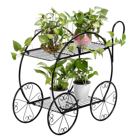 Black 2-Tier Metal Plant Stand Cart | Decorative Garden Flower Display Rack | 23.6"W x 13.7"D x 26"H | Indoor/Outdoor Decor for Living Room, Patio