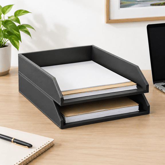 Black 2-Tier PU Leather Stackable Desk Letter Tray Office Organizer