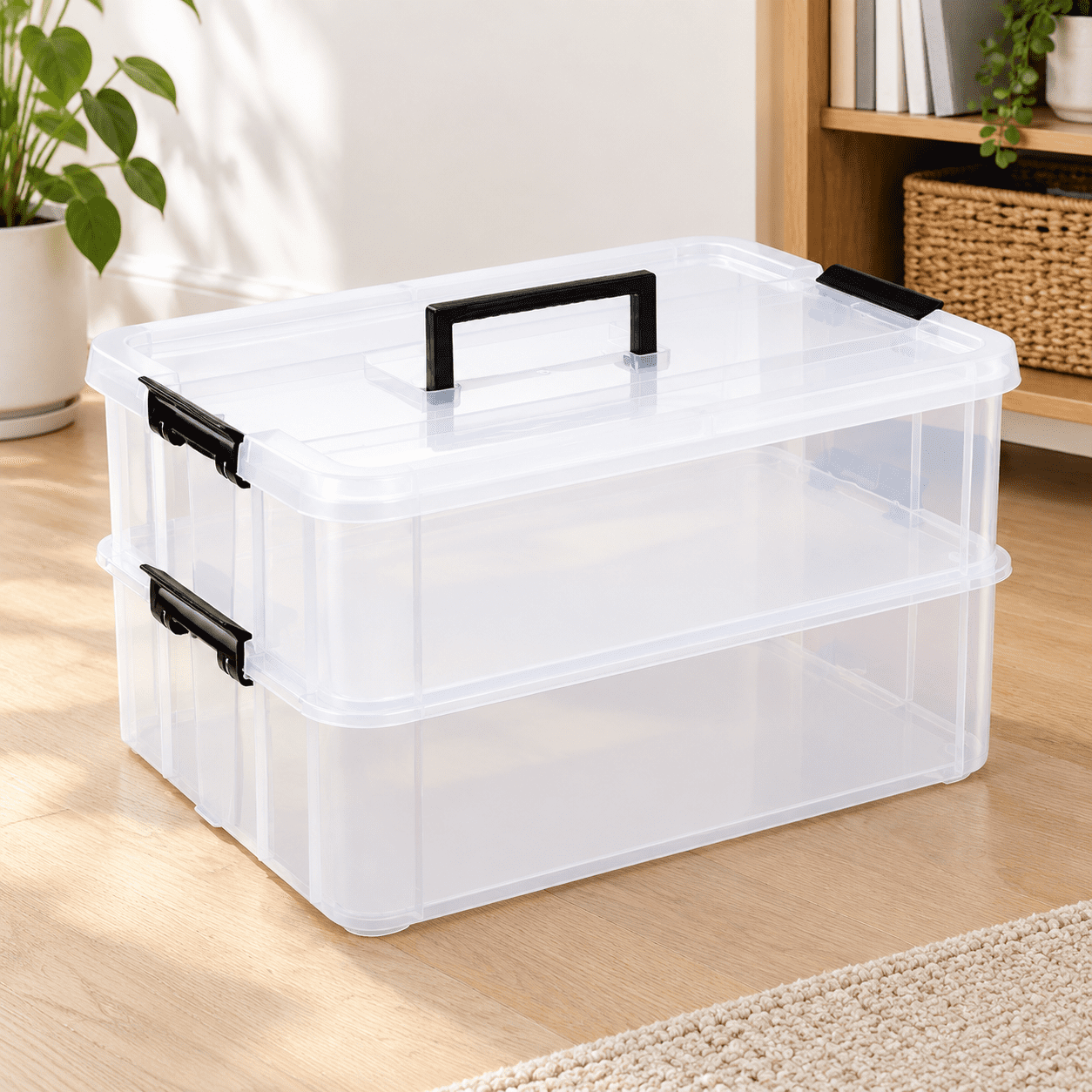 Stackable Interlocking Storage Box Black 2-Tier Plastic Stackable Storage Box with Carry Handle and Lids ...