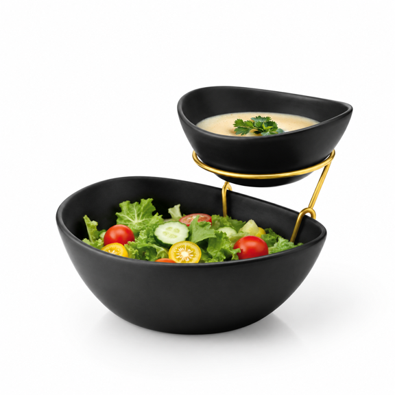 Black 2 Tier Porcelain Serving Set with Metal Stand for Appetizers, Dips, and Snacks
