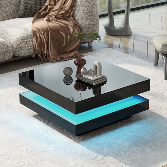Black 2-Tier Square Coffee Table for Living Room, 31.5''x31.5''x14.2'', Sturdy with LED Lights & Geometric Shape on Particle Board
