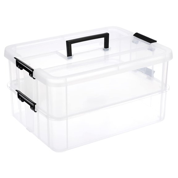 Black 2-Tier Stackable Plastic Storage Box With Carry Handle For School Office Supplies