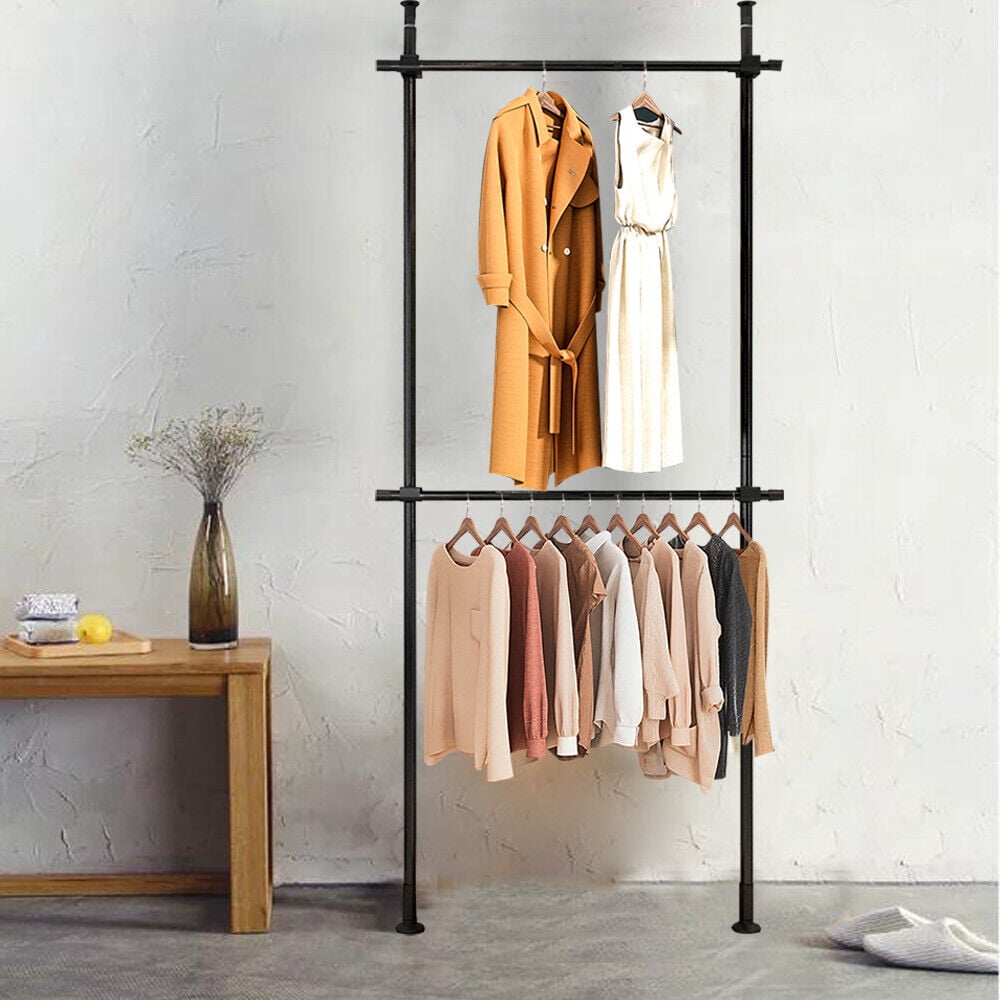 Black 2 Tier Telescopic Garment Rack Cloth Closet Organizer Clothes Rack & Shelf