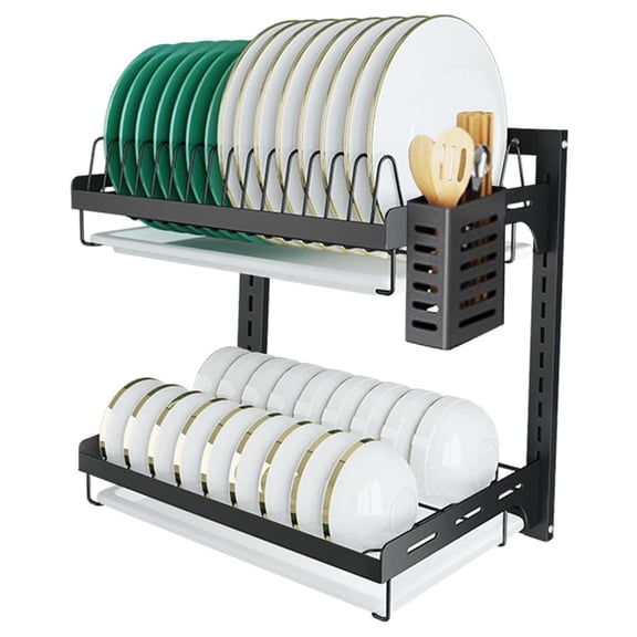 Black 2 Tier-Wall Mount Stainless Steel Dish Drying Rack Kitchen Organizer