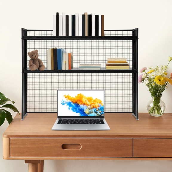 Black 2 Tiers Desk Hutch Bookshelf with Adjustable Height, Desktop Book Shelf with Metal Grid Tabletop Display Shelf Organizer with Large Capacity for Home Dormitory