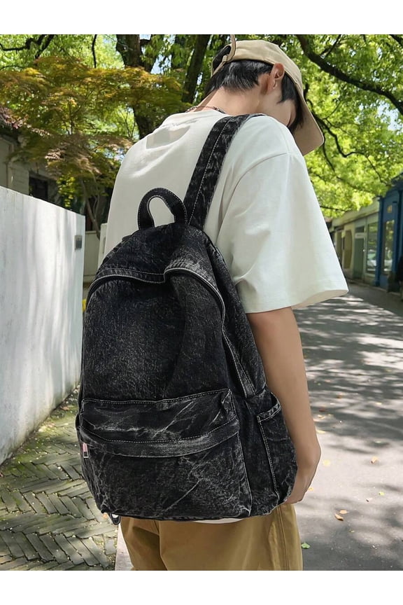 Black-2 Washed Denim Vintage Backpack, Adjustable Straps, Zipper Closure