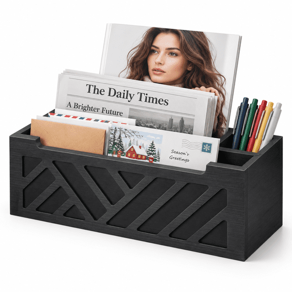 Black-2 Wooden Countertop or Wall-Mounted Paper Mail Sorter Organizer
