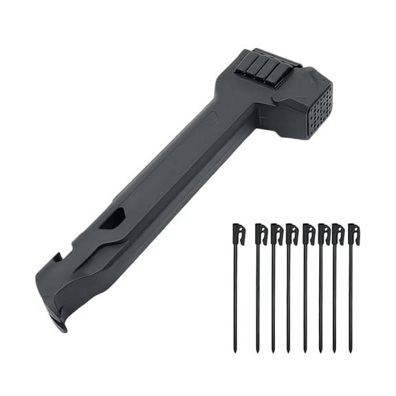 Black 2-in-1 Camping Tent Stake Hammer with 8 Pegs, Multi-Function Mallet Puller Storage Handle for Outdoor Hiking, 27.7cm