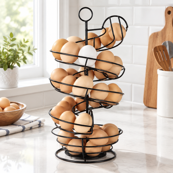 Black 2 rails for med egg Metal Egg Holder Countertop Spiral Design Organizing Rack with Storage Basket