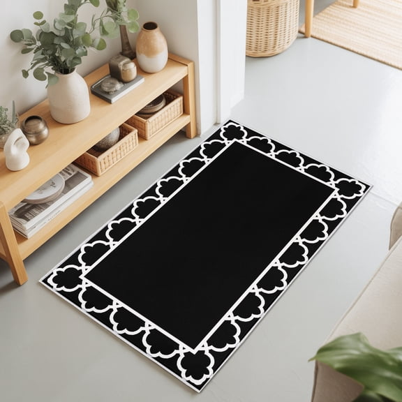 Black 2'x3' Rug for Entryway Front Door Kitchen Sink Area, Geometric Morocco Printed Border Modern Rustic Noir Dark Low Pile Washable Non Slip Rectangle Area Rug