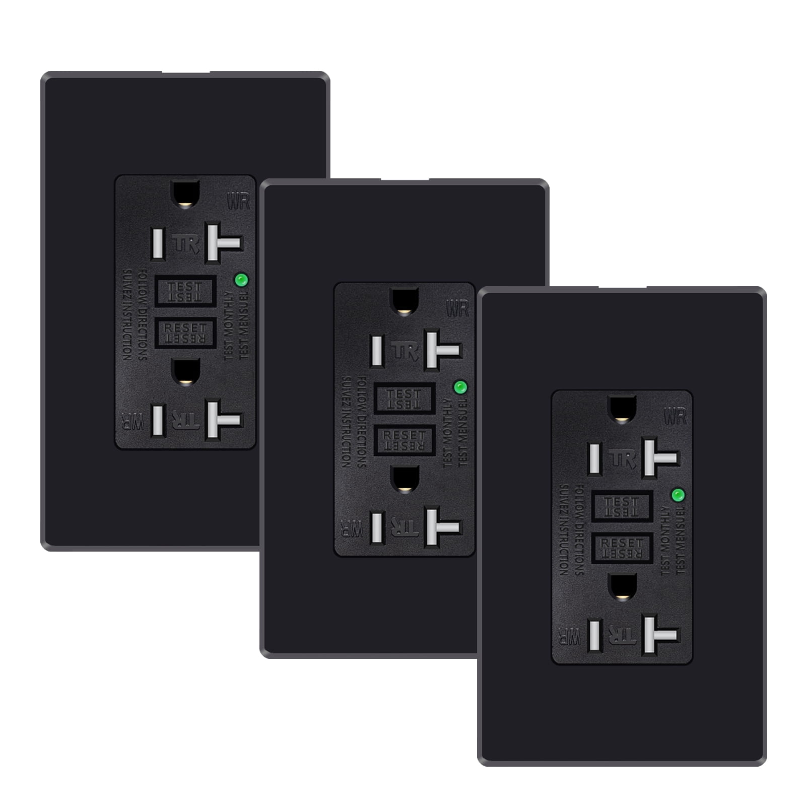 Black 20 Amp GFCI Outlet, Greencycle Black GFCI Plug Outlet Weather Tesistant With LED Indicator,Tamper-Resistant, ETL Listed, Indoor or Outdoor Use with Decor Wall Plates and Screws Black 3 Pack