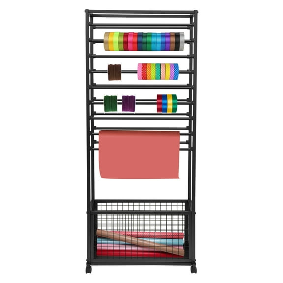 Black 20-Tier Gold Metal Ribbon Holder Organizer Rack, Double-Sided Ribbon Storage Rack with 4 Lockable Wheels,for Craft Room, Floral Supplies, 67x32x170cm