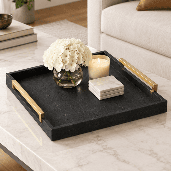Black 20" x 20" x 3" Square Shagreen Leather Serving Tray with Handles
