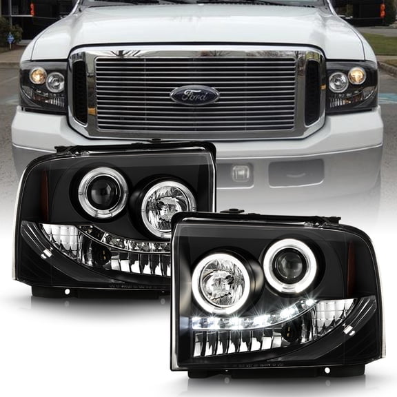 Black 2005 2006 2007 Ford F250/F350/F450 Superduty LED Halo Projector Headlights