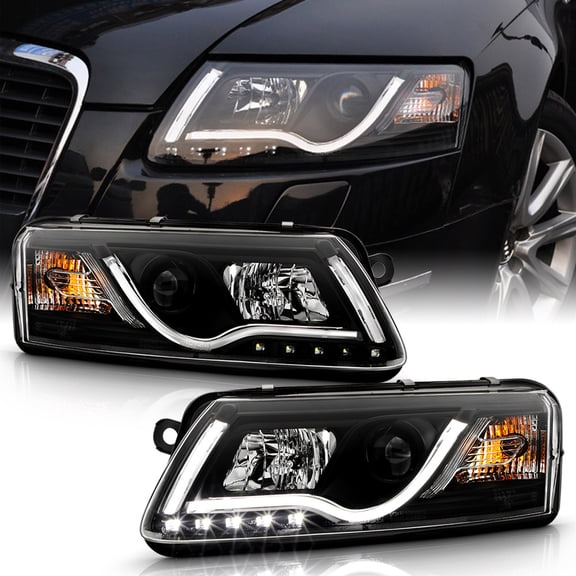 Black 2005-2008 Audi A6 S6 C6 LED Tube DRL Running Lamps Projector Headlights