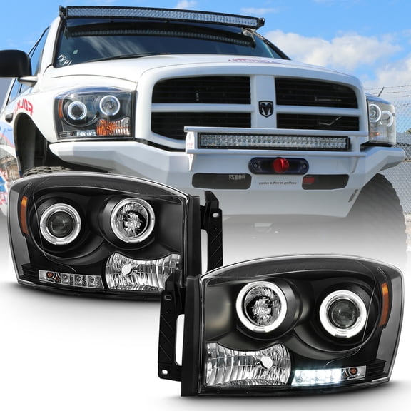 Black 2006-2008 Dodge Ram LED Halo Projector Headlights Lights Lamps Left+Right