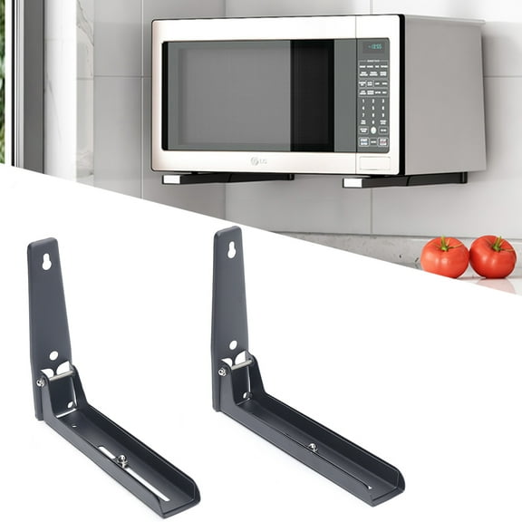 Black 201 Stainless Steel Adjustable Wall-Mounted Microwave Bracket,Space-Saving Design with 4 Non-Slip Foot Mats for Kitchen,Thick Steel Shelves Supports 2 Pack