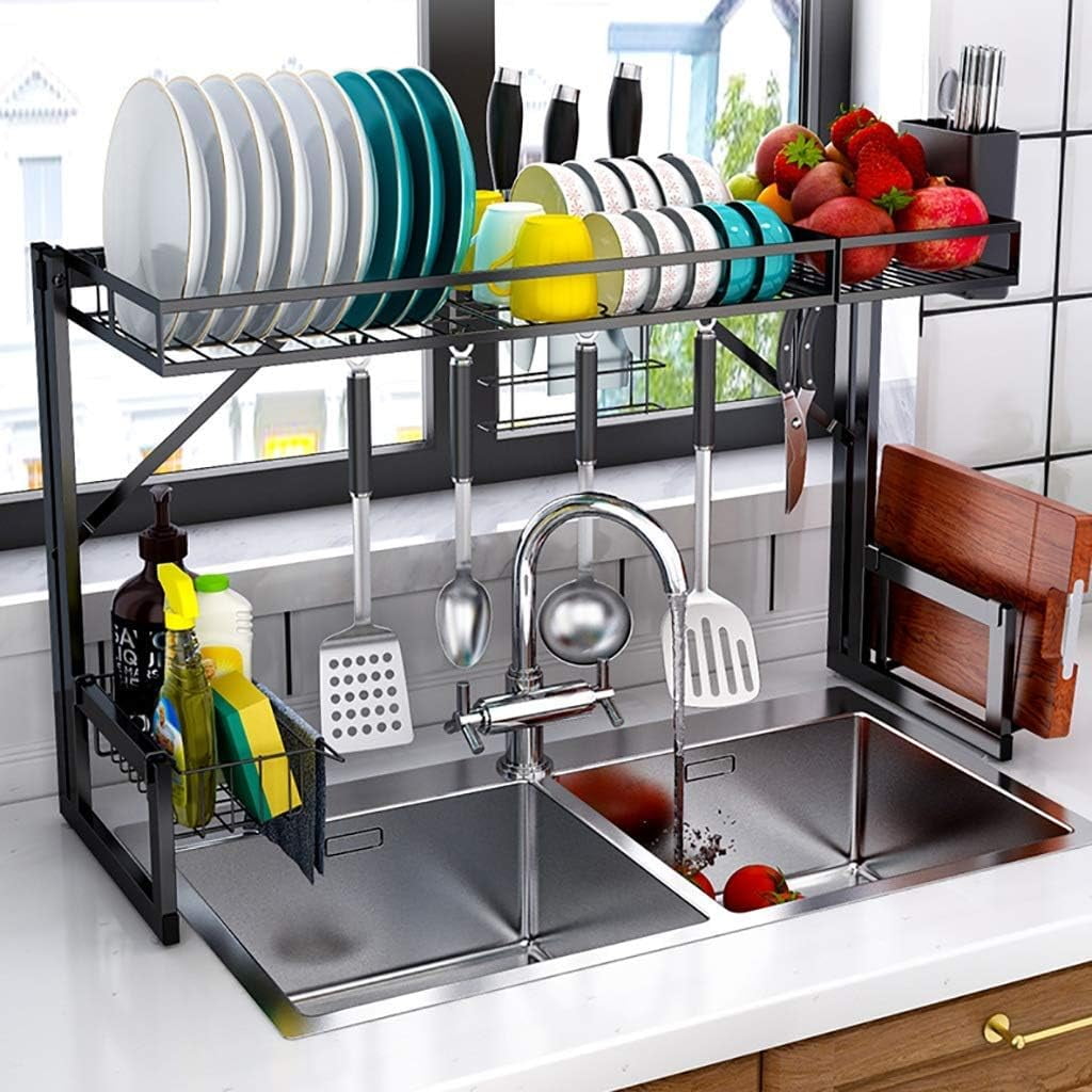 Black 201 Stainless Steel Dish Rack with Cutlery Drain, Rust-Proof ...