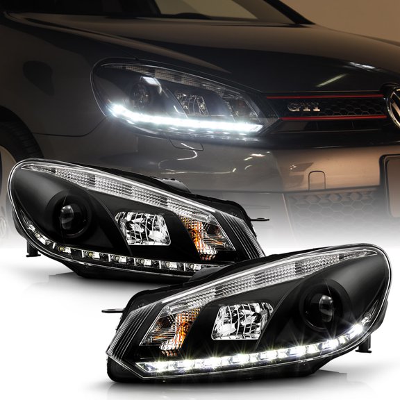 Black 2010-2014 VW Golf GTi DRL LED Strip Projector Headlights 10-14 Left+Right