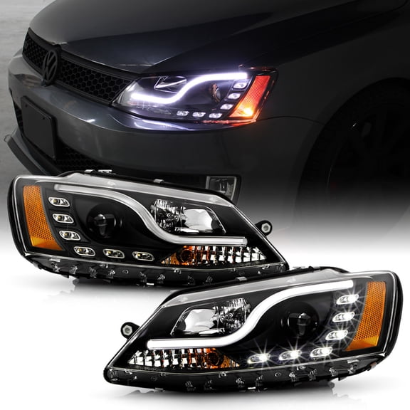 Black 2011-2017 VW Jetta MK6 LED DRL Tube Projector Headlights 11-17 Left+Right