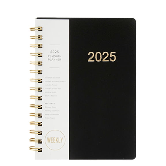 Black 2025 Calendar Notepad English Calendar A5 Schedule Coil Book Paper Material Daily Weekly Monthly Planner Organizer Notebook In Black For Office School Home Use