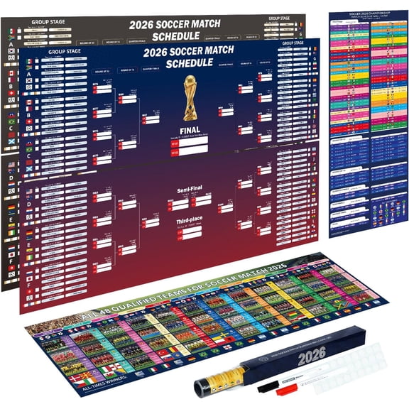 Black 2026 Soccer Schedule Poster 40"x26", Extra Large Double-Sided Wall Chart w/ Markers for 48 Teams 104 Matches, Home Bar Decor Gift for Fans, Crease-Free Tube