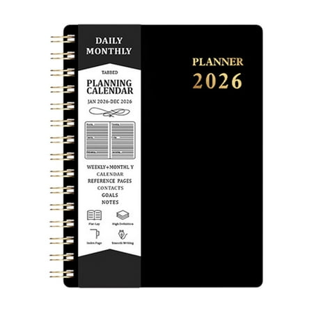 Black 2026 Spiral Bound Planner A5 Size 140 Pages Faux Leather Cover Daily Schedule Book Calendar Organizer For Work School Home Use 21X15.5X1Cm 260G