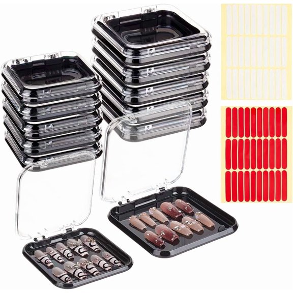 Black 20Pcs 2 Sizes Press On Nail Storage Box Clear and Black Artificial Nail Display Packing Box with Double-sided Adhesive Tape Display Case for Nail Salon