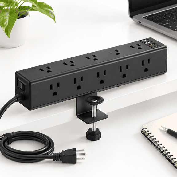 Black-20W 4ft 15-Outlet Desktop Edge Mount Surge Protector with USB-A and USB-C Fast Charging