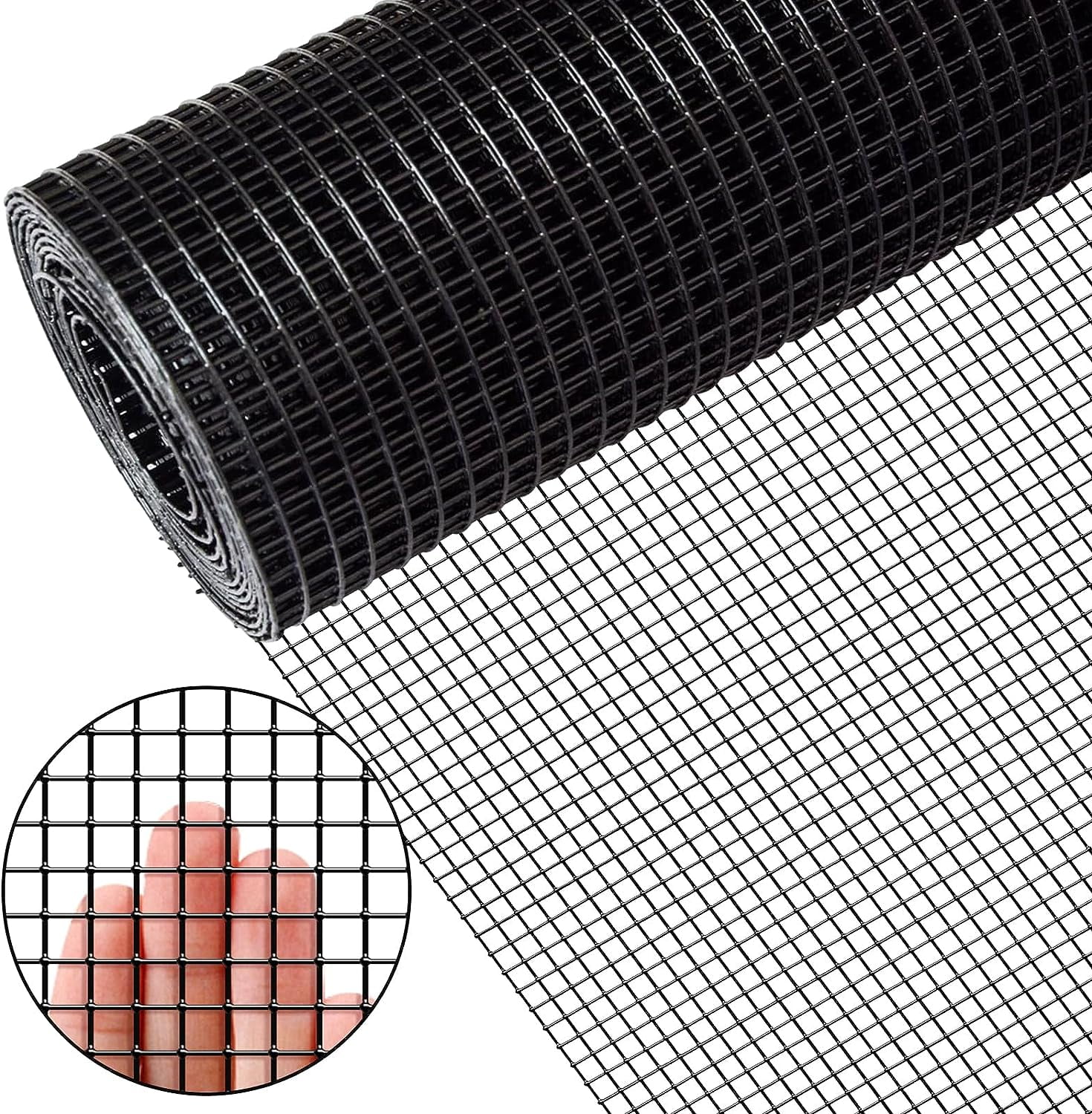 Black 21 Gauge 1/4 Inch Hardware Cloth - Vinyl Coated Welded Wire Mesh Roll - Duty Rust Proof Fencing for Gardens, Poultry Animal Netting Cage Screen (Black 24" x 50' 1/4inch ）