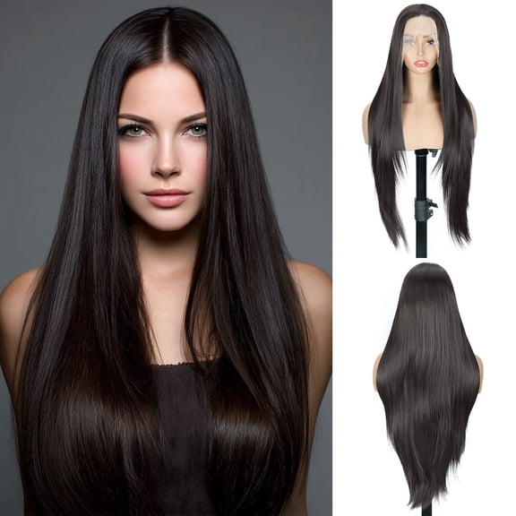 Black 21inch Long Deep Wave Wig No Bangs Glueless Synthetic Wavy Wig for Women Heat Resistant with Natural Hairline Daily Use